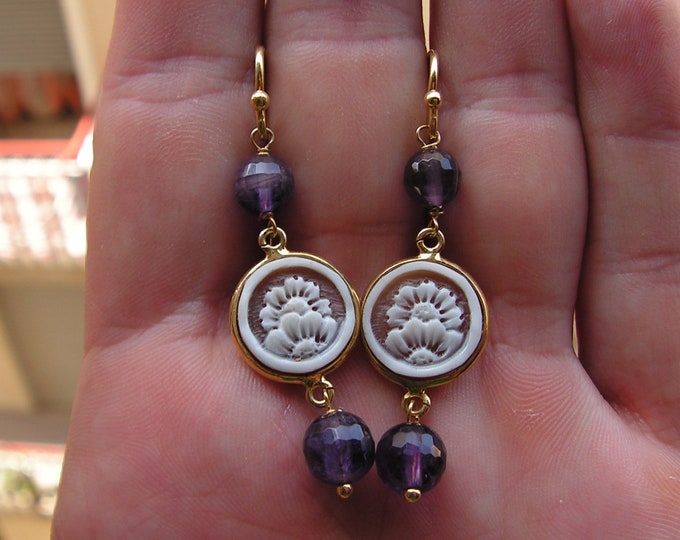 Ametista Viola Orecchini Fiori, Stile Floreale, Artigianale, Cammeo Conchiglia, Regalo Mamma, Orecchini Donna