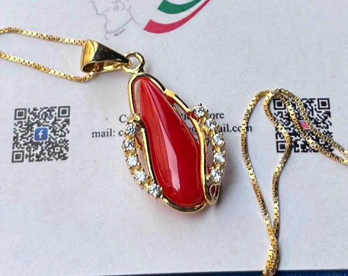 Natural coral drop pendant, genuine hand carved comma, 18k gold plated 925 silver, crystal accents