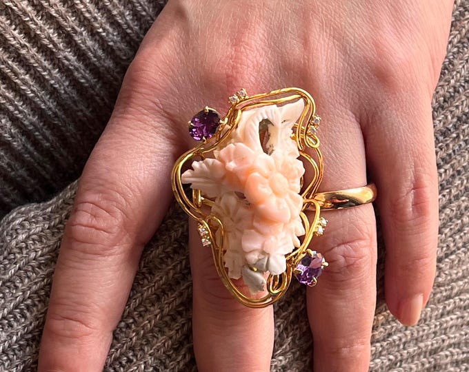 Handmade Antique Ring with Coral Sculpture, Flowers Statement Ring, Unique Gift for Her