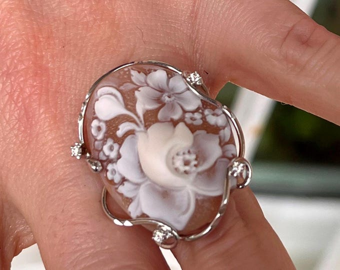Hand Carved Cameo Rose Bud Statement Ring, 925 Sterling Silver, Adjustable Size, Italian Artisan Jewelry