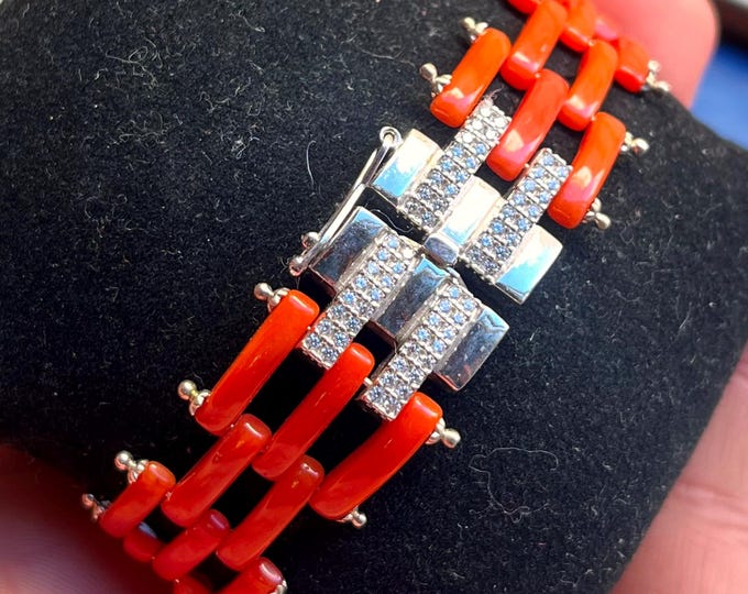 Mediterranean Red Coral Bracelet in 925 Sterling Silver, Tiffany Style Chain, Crystal Clasp, Italian Artisan Jewelry, 7.5 inch