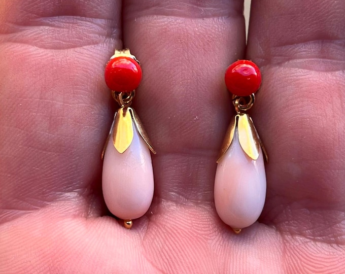 18K Gold Vermeil Coral Dangle Earrings, Handmade Sterling Silver
