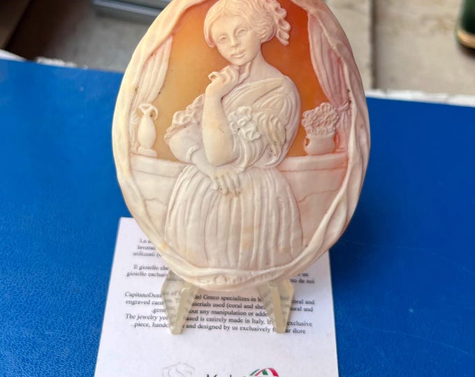 Italian hand carved cameo, lady of flowers scene, natural shell, ornamental jewel