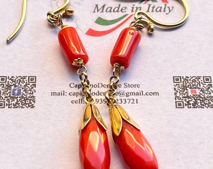 Red Coral Drop Earrings: 925 Silver & Crystal, Made in Italy