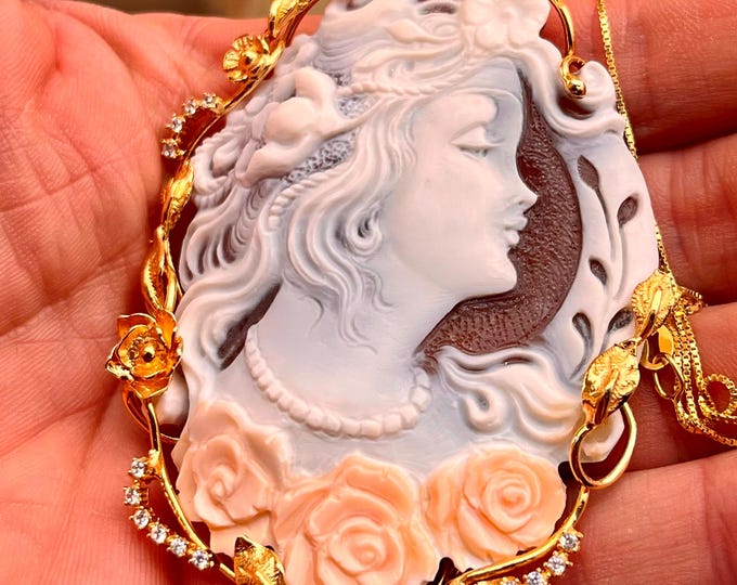Hand-Carved Shell Cameo Pendant: 18K Gold over Sterling Silver & Crystal