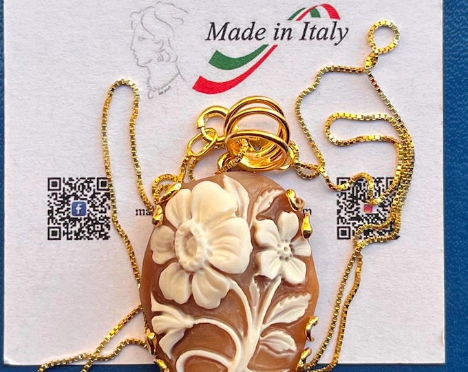 Hand Carved Shell Cameo Brooch Pendant: Floral 18k Gold-Plated Silver