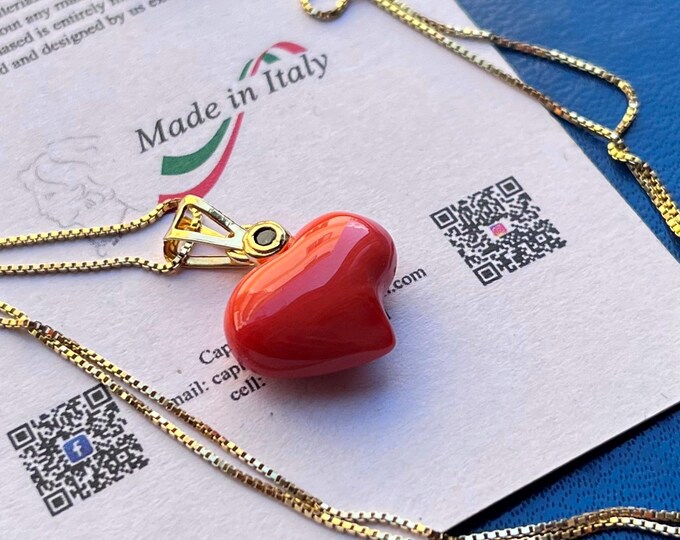 Handmade Italian Coral Heart Pendant: 18k Gold-Plated Silver Necklace