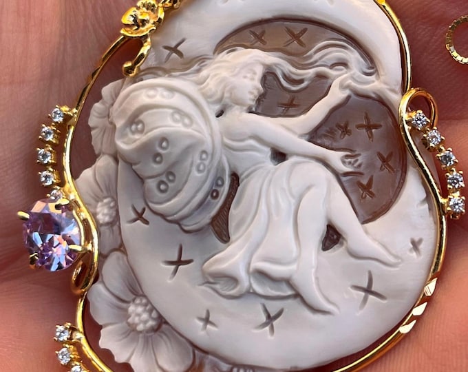 Hand Carved Fairy Cameo Pendant Necklace in 18K Gold over 925 Silver with Amethyst and Crystals