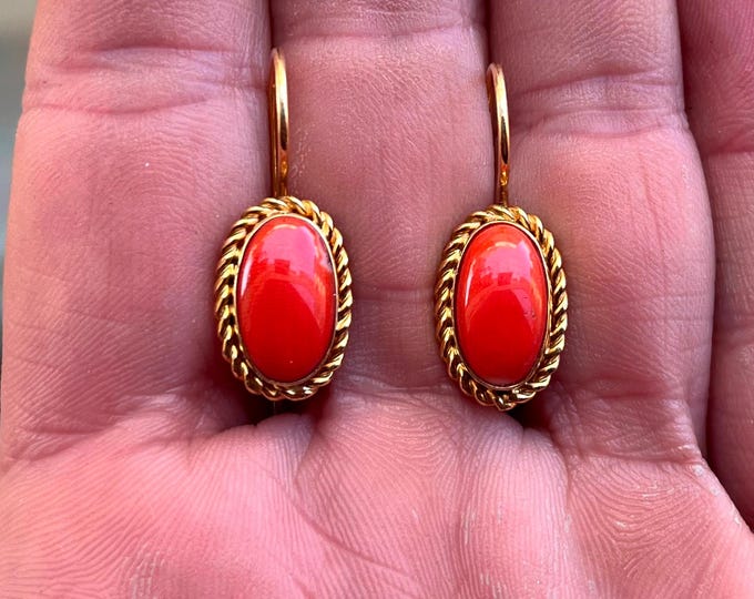 Handmade Red Coral Drop Earrings, Natural Gems, Elegant Women's Earrings, Gift for Her gold18k