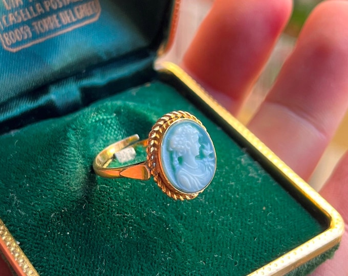 Blue Agate Cameo Ring: 18K Gold Adjustable Bridal Jewelry