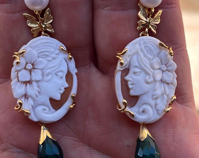 Handmade Shell Cameo Earrings, Pearl and Butterfly, Wedding Jewelry