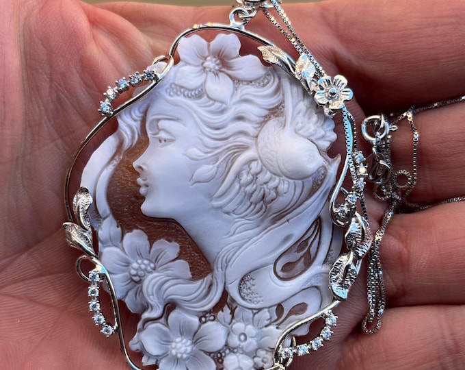 Large Shell Cameo Nymph Pendant 55mm – 925 Rhodium Silver, Flowers & Birds, Zircon Crystals, Italian Necklace 48cm