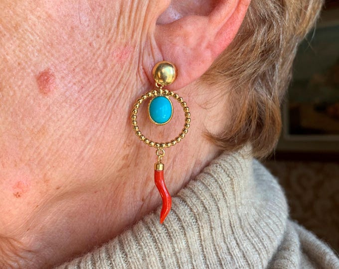 Orecchini gioiello Corallo rosso corno portafortuna pendente Turchese unico artigianale made in italy