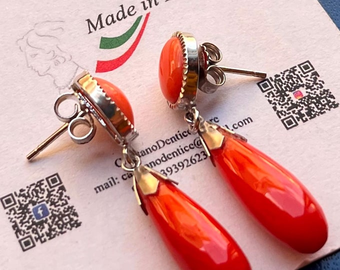 pink red coral drop earrings, artisan made in Italy, silver stud dangle