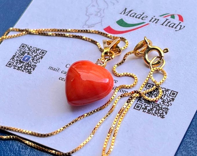 Handmade Italian Coral Heart Pendant: 18k Gold-Plated Silver Necklace