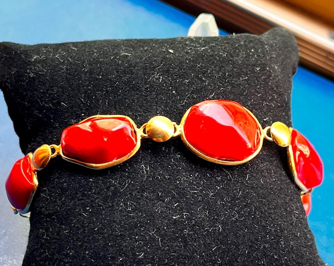 Antique Style Mediterranean Red Coral Italy Silver Gold Bracelet 20 Cm Long