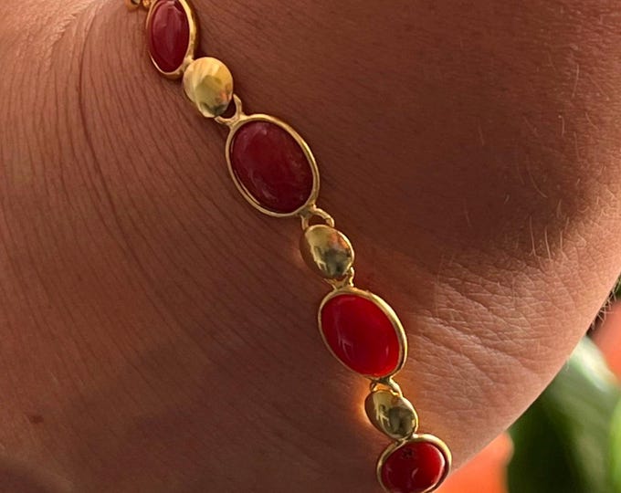 Handmade Coral Gem Amulet Bracelet, Roman Style, Christmas Gift for Her, Elegant Woman