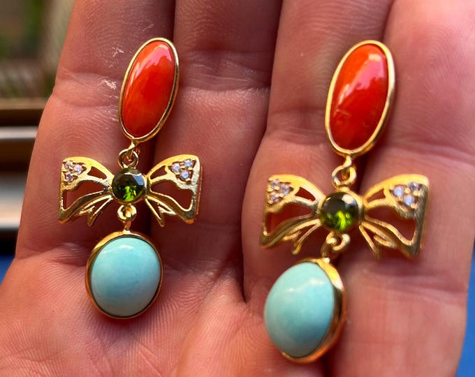 Handmade Red Coral and turquoise Dangle Earrings, Natural Gems, Elegant Women's Earrings, Gift for Her