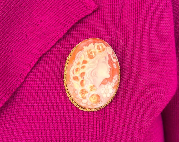 Handmade antique cameo brooch, large shell portrait, convertible pendant