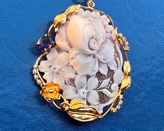 Floral Shell Cameo Pendant, Handmade Flower Necklace, Bridesmaid Gift Jewelry, Wedding Gift for Her, Special Occasion