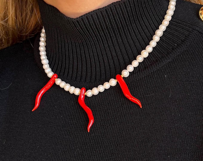 Coral Rope Necklace, Exclusive Italian Amulet Necklace, Statement Collar, Boho Beach Jewelry, Summer Necklace, Ocean Inspired