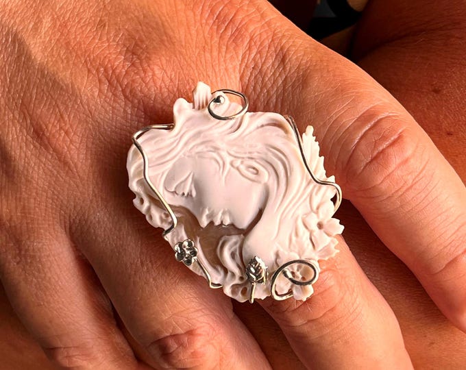 Vintage Style Shell Cameo Lady Ring, Victorian Ring, Statement Ring, Antique Jewelry, Handcrafted Ring