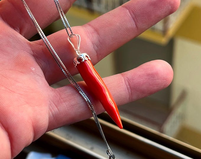 Genuine Red Coral Italian Horn Necklace - Lucky Neapolitan Cornicello Charm in 18K Gold Plated 925 Sterling Silver