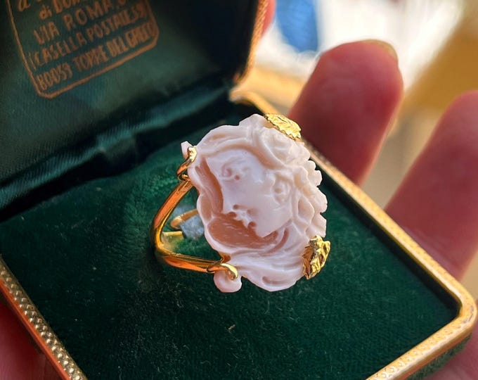 Victorian Carved Shell Cameo Ring, Italy, Adjustable Size 7