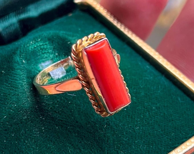 Italian Red Coral Ring, 12mm Sardinian Coral, 18K Gold Plated 925 Sterling Silver, Adjustable Band, Handmade Jewelry