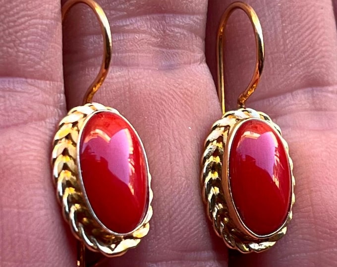Handmade Red Coral Drop Earrings, Natural Gems, Elegant Women's Earrings, Gift for Her gold18k