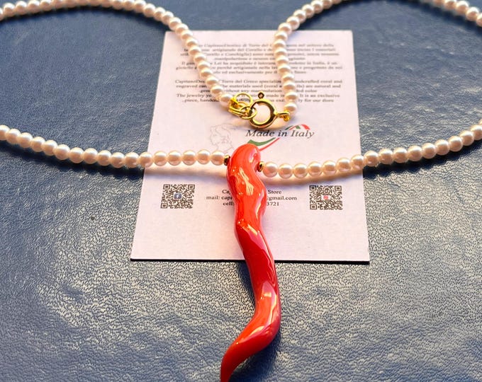 Coral Horn Pearl Necklace, Handmade Talisman, Lucky Charm, Good Luck Pendant, Luxury Gift, Extremely Rare