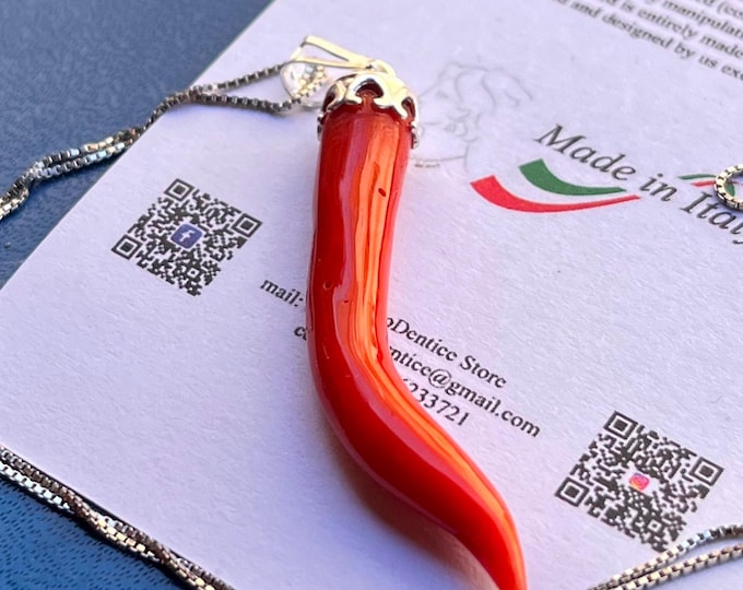 Genuine Red Coral Italian Horn Necklace - Lucky Neapolitan Cornicello Charm in 18K Gold Plated 925 Sterling Silver