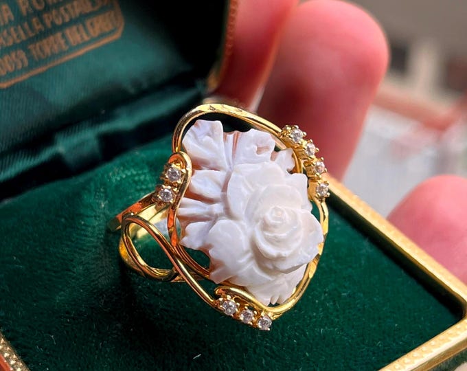 shell cameo rose ring, handmade, gold plated setting, statement floral jewelry