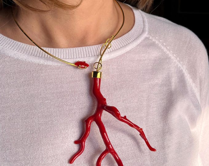 Red coral branch necklace, large aka coral pendant, rigid gold choker, Italy made