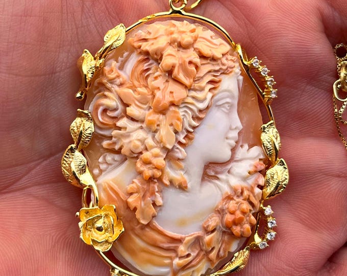 Artisanal shell cameo brooch pendant, made in Italy, elegant lady profile, heirloom quality, certified