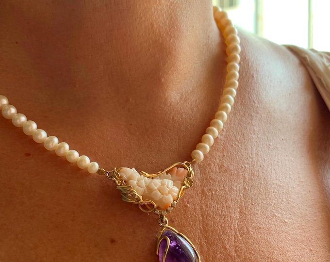 Handmade Coral Pearl Necklace, Exclusive Jewel for Her, Elegant Woman Jewelry Gift