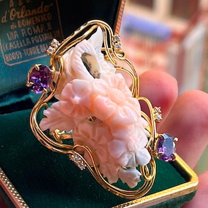 Anello Fiore Corallo Rosa Naturale scolpito a mano made in itali カメオコーラル gioiello unico irripetibile