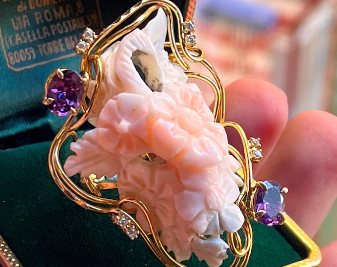 Anello Fiore Corallo Rosa Naturale scolpito a mano made in itali Cameo Coral gioiello unico irripetibile