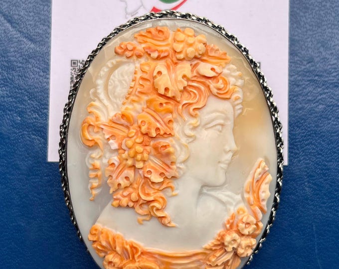 Artisanal shell cameo brooch pendant, made in Italy, elegant lady profile, heirloom quality, certified