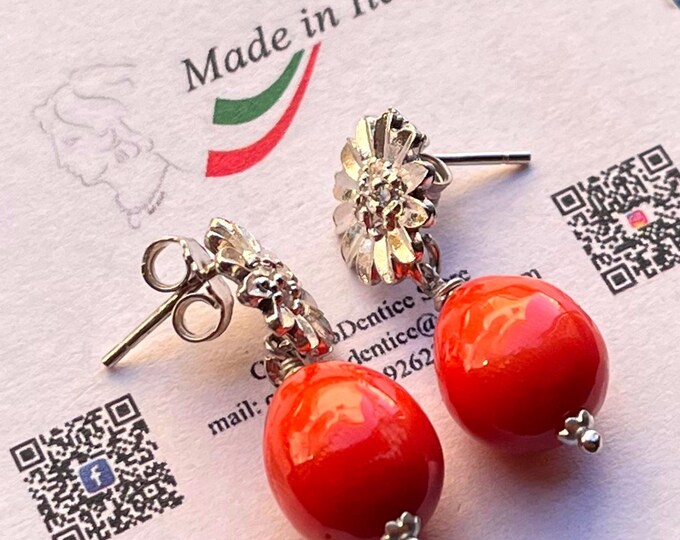 Vintage Style Sardinia Coral Drop Earrings, 925 Silver