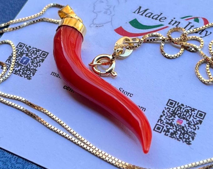 Red Coral Horn Amulet, 18k Gold Plated Sterling Silver, color red dark - AKA