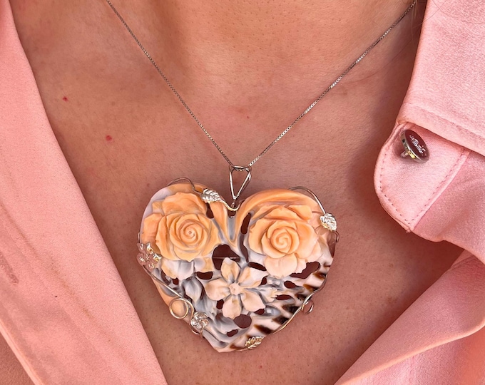 Shell cameo heart brooch pendant, handmade in Italy, floral carving, convertible pin necklace