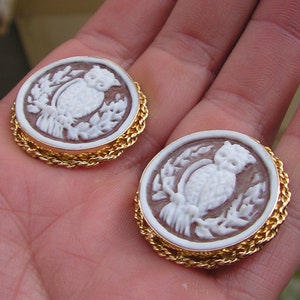 May include: A pair of gold tone earrings with a cameo design featuring a white owl on a brown background. The owl is surrounded by a wreath of leaves.
