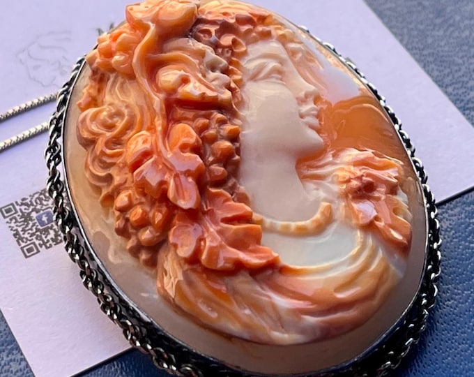 Artisanal shell cameo brooch pendant, made in Italy, elegant lady profile, heirloom quality, certified