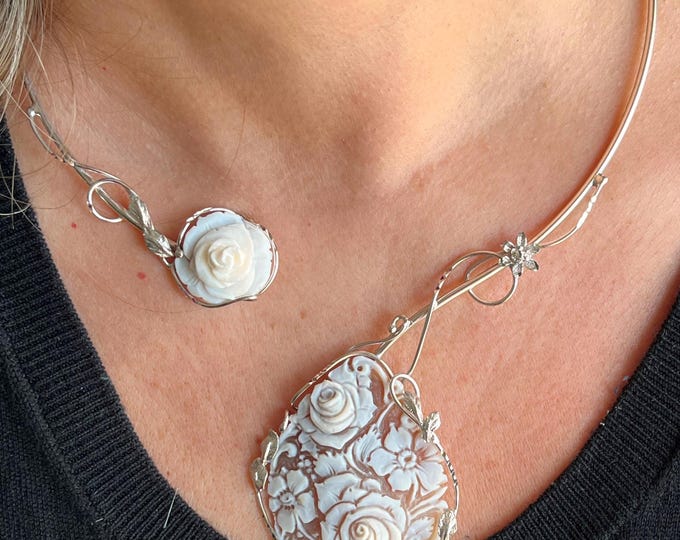 Handmade Floral Cameo Choker, 925 Silver, Italian Craft