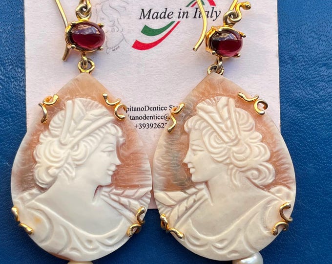 Handmade Shell Cameo Earrings: Antique Style, Elegant Woman, Italy