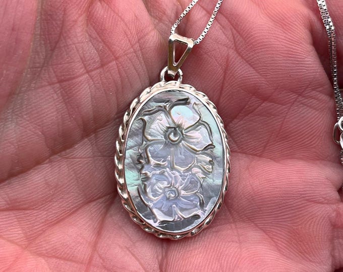 Floral Shell Cameo Pendant: Handmade Sardonyx, 925 Sterling Silver mother-of-pearl engraving, rare