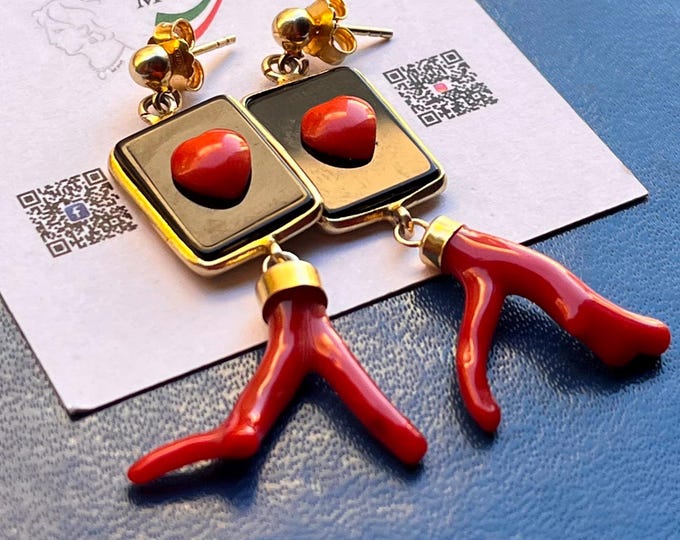 Italian Red Coral & Black Onyx Heart Earrings, 18K Gold, Statement Dangle Earrings, Handmade Love Jewelry Gift
