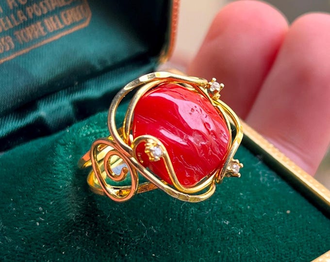 Handmade Coral Red Ring, Made in Italy, Exclusive Jewel, Natural Shape, Personalized Gift, Unique Jewelry