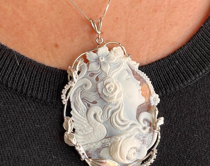 Swan Shell Cameo Necklace, Handcrafted 18k Gold Jewelry, Made In Italy
